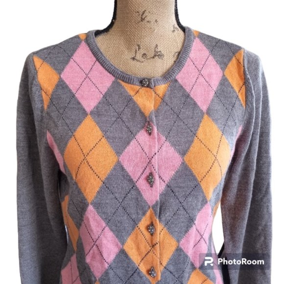 Argyle Cardigan Sweater Metal Buttons L Gray Multi Fancy - Picture 9 of 9